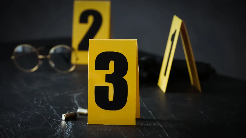 Crime scene evidence markers with numbers on the floor